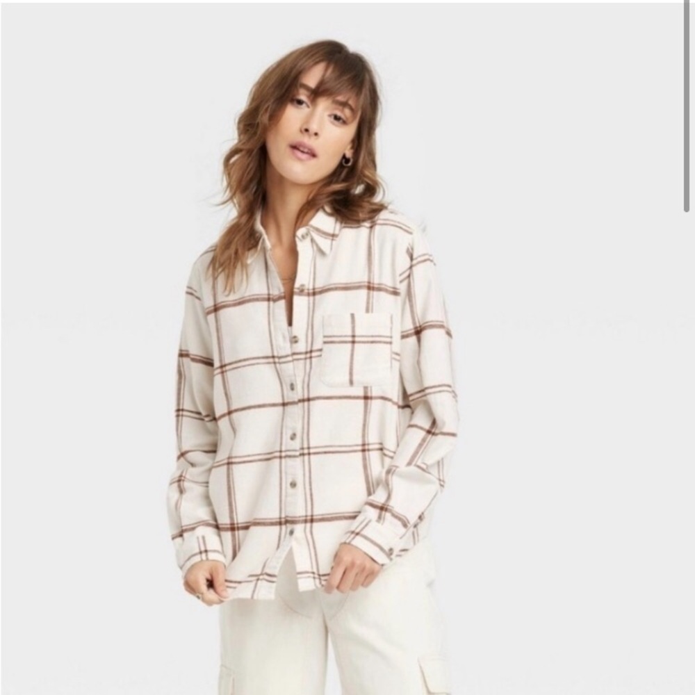 Universal Thread Goods Co. Cream 100% Cotton Button Down Flannel Plaid Shirt